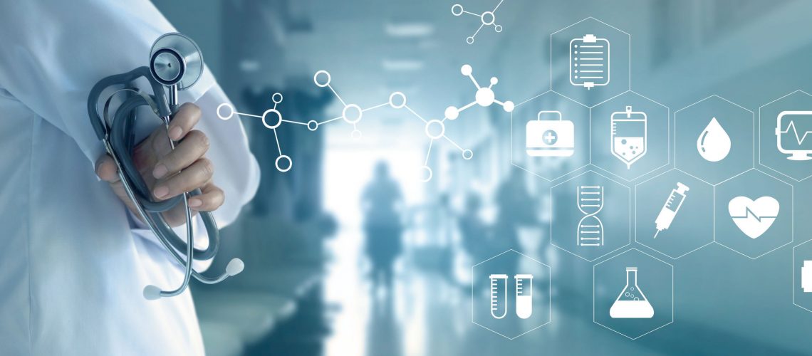 Doctor with stethoscope and white icon medical on hospital background, medical technology network concept