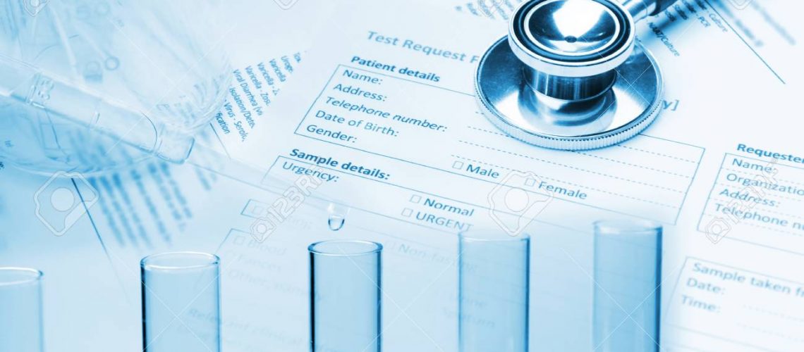 double exposure of stethoscope, test tube, beaker and patient information form on desk, healthcare, medical research diagnosis, medical report record and history patient concept, blue color tone