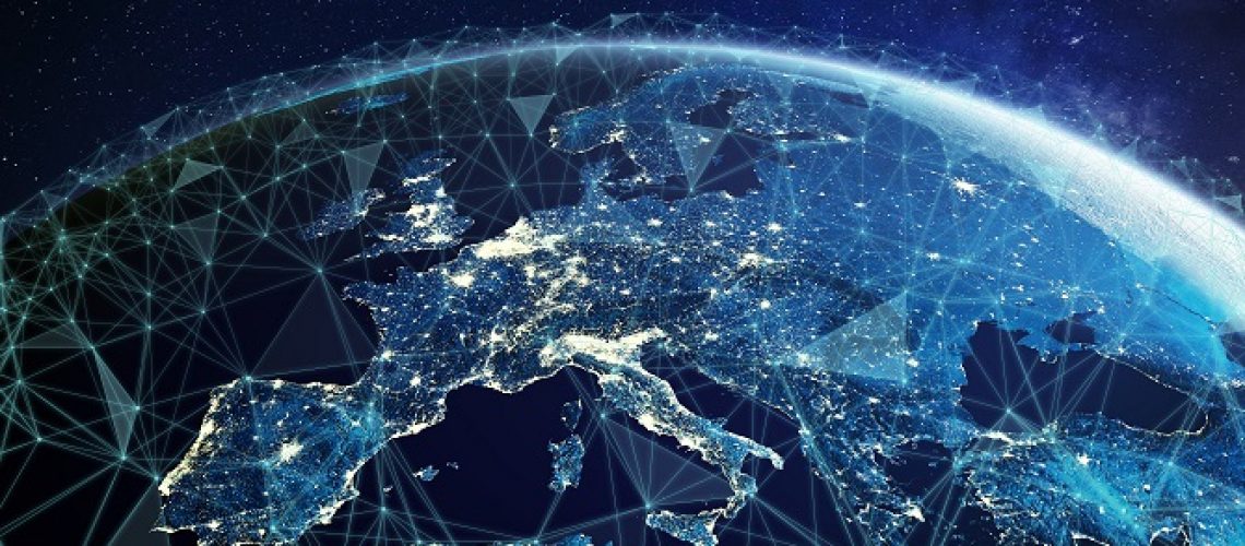 Telecommunication network above Europe viewed from space with connected system for European 5g LTE mobile web, global WiFi connection, Internet of Things (IoT) technology or blockchain fintech. Some elements from NASA (https://eoimages.gsfc.nasa.gov/images/imagerecords/57000/57752/land_shallow_topo_2048.jpg)