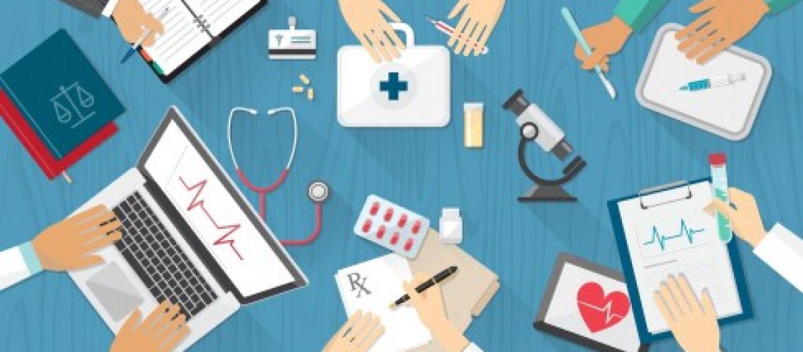 Medical team desktop with doctors and medical equipment